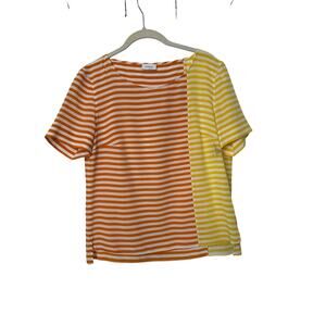 Akris Punto Orange Yellow White Striped Short Sleeve Silk Top Sz 8 Med